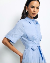 Revibe - Repaired AERE Orien Tuck Waist Linen Shirt Dress - AU 6
