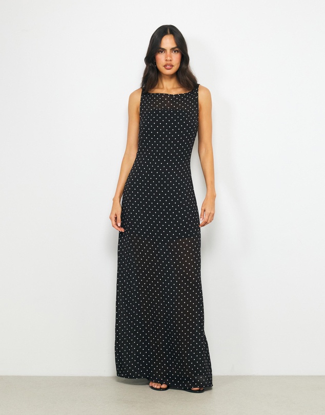 AERE - Cora Boatneck Polka Dot Maxi Dress