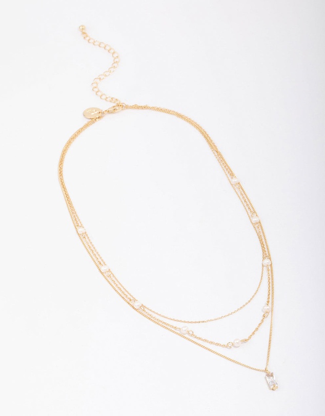 Lovisa - Gold Plated Brass Trio Pearl Baguette Layered Necklace