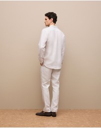 Trenery - Regular Fit Fine Stripe Linen Long Sleeve Shirt in White