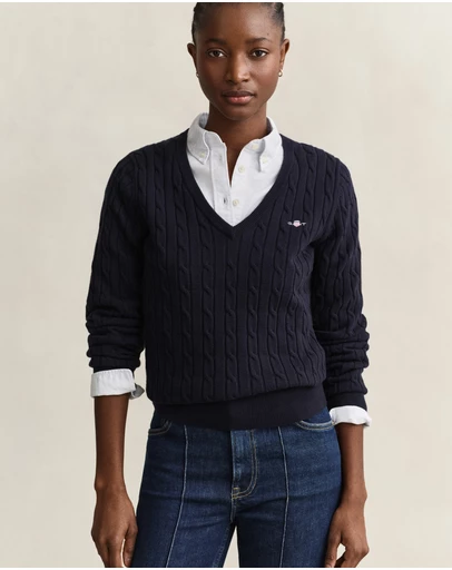 Gant - Stretch Cotton Cable V-Neck Knit