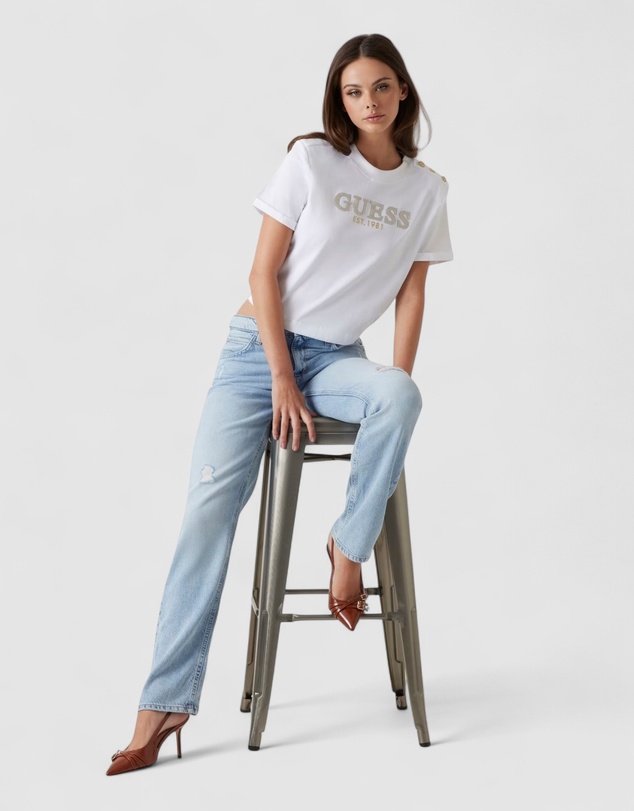 GUESS - Short Sleeve Metal Logo Cropped T-Shirt