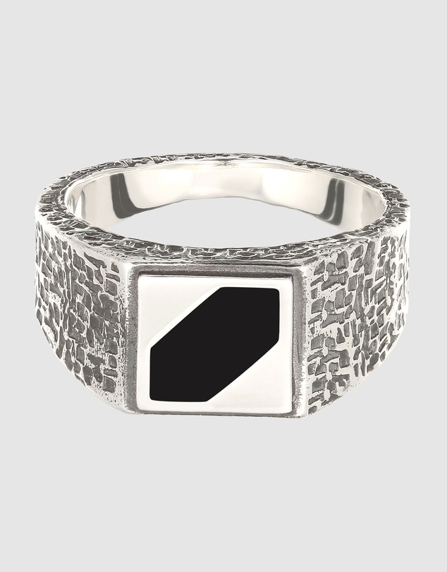 Kuzzoi - ICONIC EXCLUSIVE - Oxidized 925 Silver Ring with Hexagonal Black Enamel Inlay