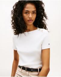 Tommy Hilfiger - Gold-Tone Button Slim Boat Neck T-Shirt
