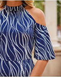 Sosandar - Swirl Print Jersey Cold Shoulder Midi Dress