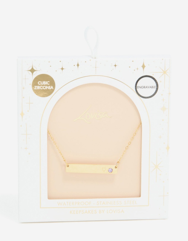 Lovisa - Waterproof Gold Plated Stainless Steel Cubic Zirconia Engravable Bar Necklace