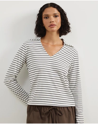 Atmos&Here - Long Sleeve Stripe V-Neck Top