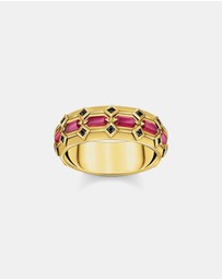 THOMAS SABO - Wide Gold Plated Ring in Crocodile Design with Red Stones