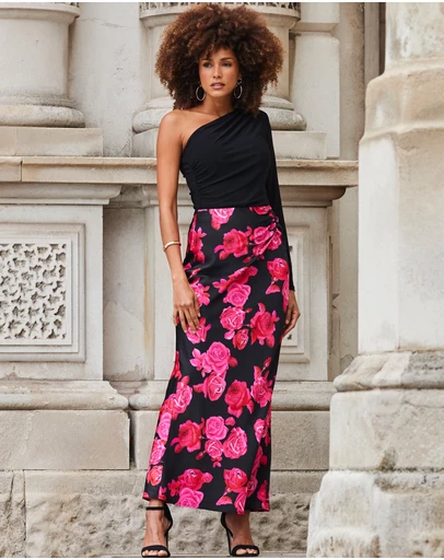 Sosandar - Floral Print Ruched Detail Satin Maxi Skirt