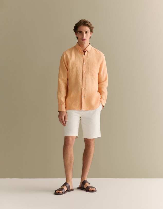Trenery - Regular Fit Delave Linen End On End Shirt in Vivid Orange