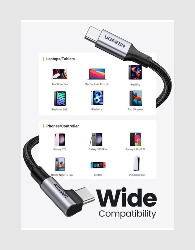 Ugreen - UGREEN 90 Degree Angle USB-C Male to USB-C Male 100W Braided Cable 3m