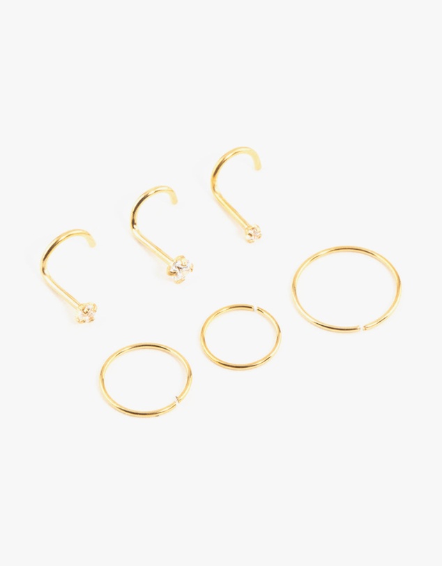 Lovisa - Gold Plated Surgical Steel Cubic Zirconia Nose Stud & Rings 6-Pack