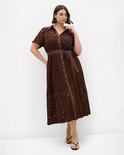 City Chic - Plus size Lani Lace Shirt Dress - chocolate