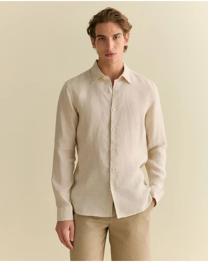 Trenery - Tailored Fit Basketweave Linen Shirt in Barley
