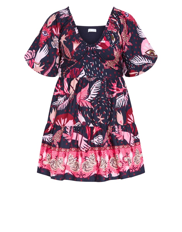 City Chic - Simona Print Puff Sleeve Mini Dress - navy