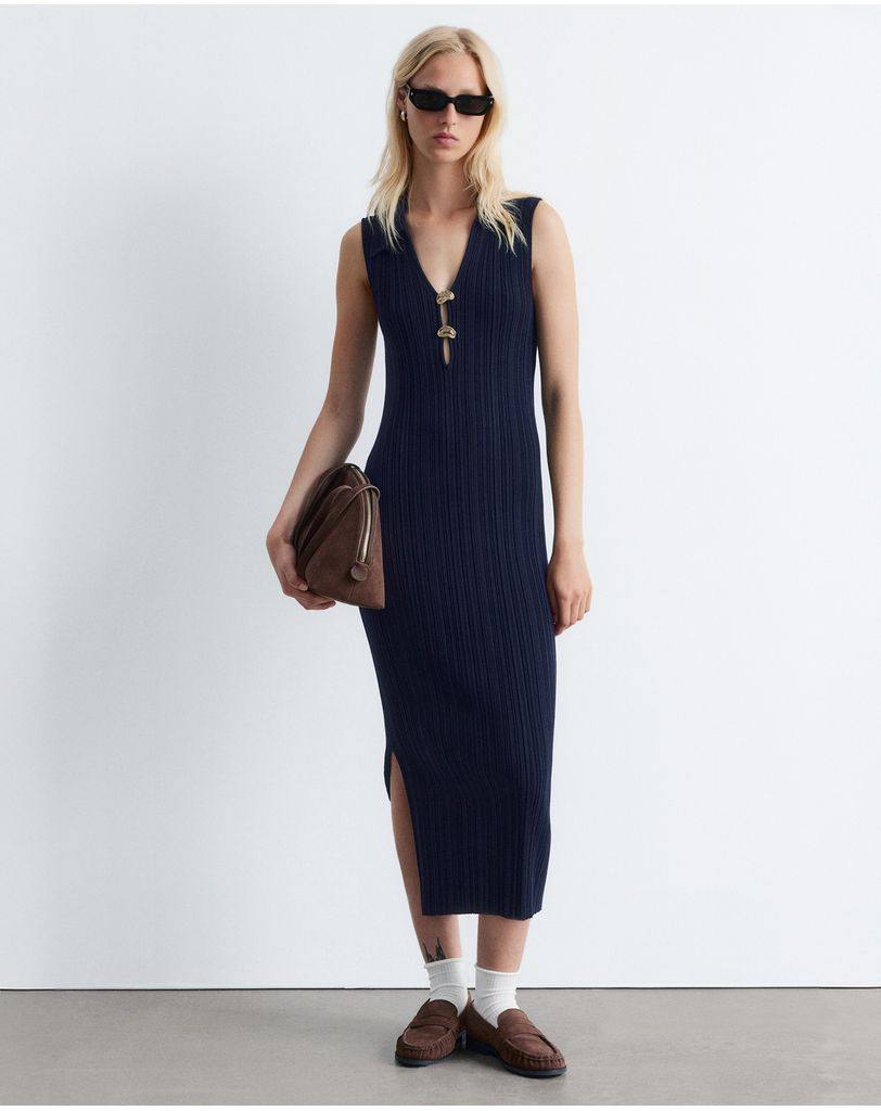 strapless open back dress SIDNEY COLLARED V NECK BUTTON UP LONG SLEEVE RIBBED KNIT MIDI DRESS main image 1