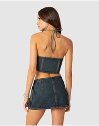 EDIKTED - Elara Washed Denim Lace Up Corset