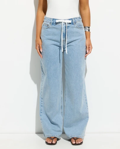 Dazie - Seattle Mid Rise Tie Front Baggy Jeans