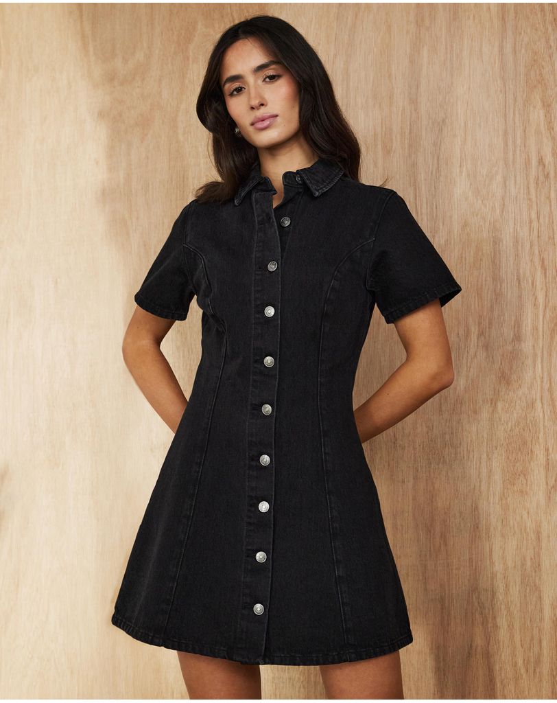 black denim dress short sleeve Chouyatou Women's Summer Short Sleeve Denim Shirt Dress Business Casua –  CHOUYATOU main image 0