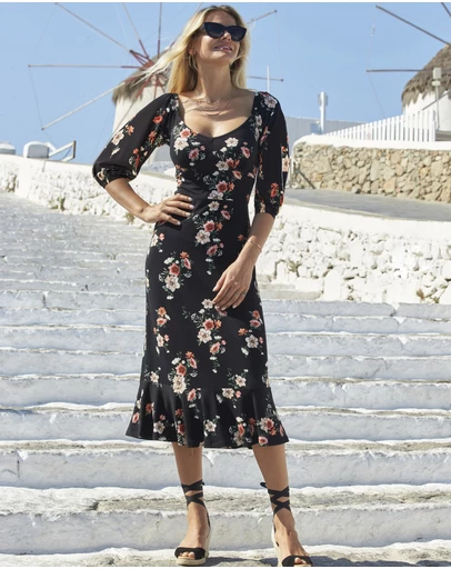 Sosandar - Floral Print Sweetheart Neckline Midi Jersey Dress