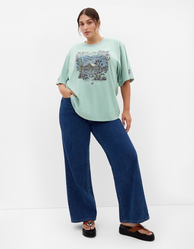 City Chic - Plus size Western Soul Oversized Tee - sage