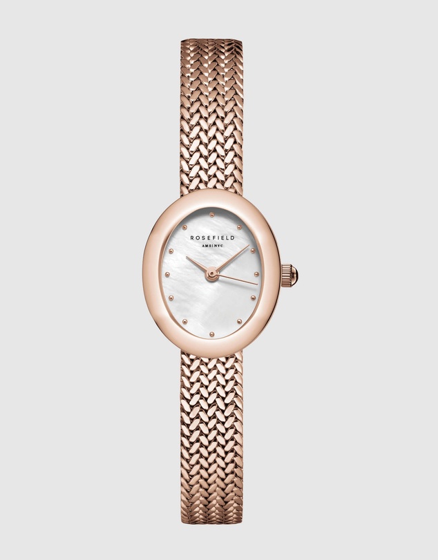 Rosefield - Mini Oval White Rose Gold-Tone Woven Mesh Bracelet Watch