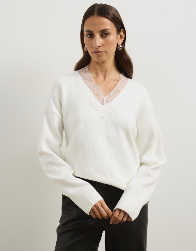 Atmos&Here - Teo V-Neck Knit Jumper with Lace Trim