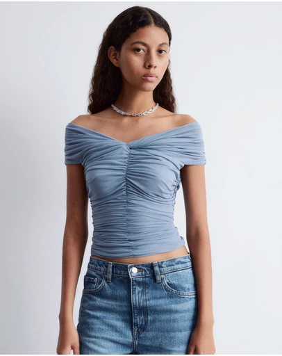 & Other Stories - Ruched V-Neck Mesh Top