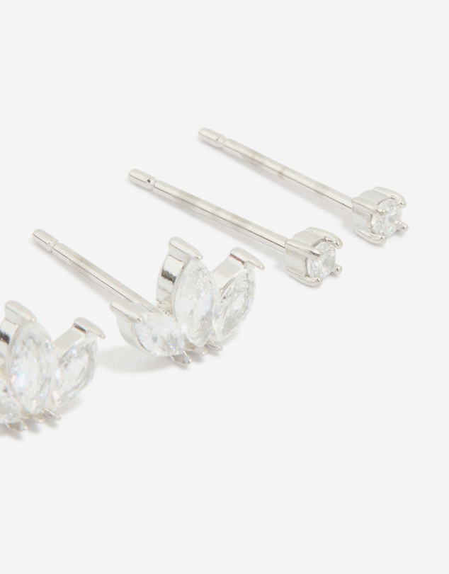 Lovisa - Waterproof Stainless Steel Cubic Zirconia Fine Marquise & Classic Stud Earrings 3-Pack
