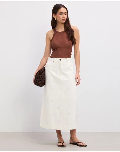 The Fated - Stephanie Broderie Twill Midi Skirt
