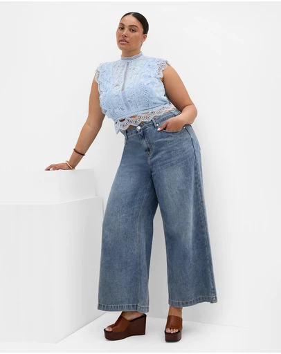 City Chic - Plus size Lucielle Sleeveless Lace Top - sky blue