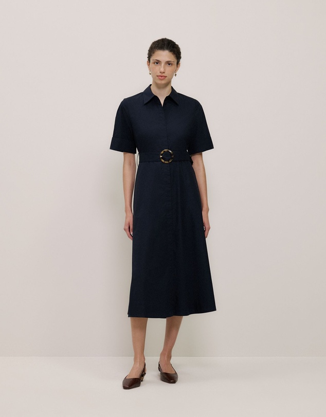 Trenery - Poplin Pleat Detail Short Sleeve Dress in Night Sky