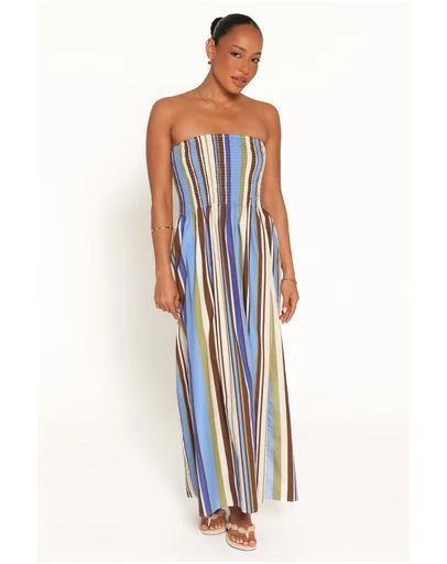 Petal & Pup - Nella Strapless Maxi Dress - Blue/Khaki Stripe