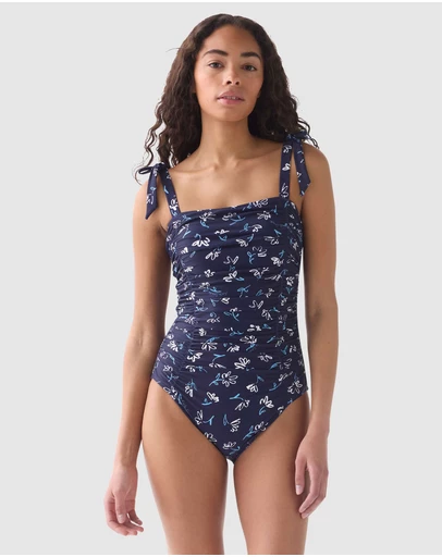 Kate Spade - Sketched Blooms Print Shirred Square Neck Swimsuit
