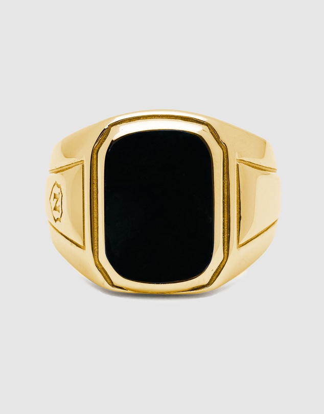 Nialaya Jewellery - Men's Oblong Gold Plated Signet Ring With Onyx