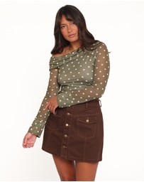 Petal & Pup - Ginevra Off Shoulder Mesh Top - Green Polka Dot