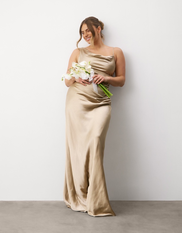 Six Stories - Cowl Front Asymmetrical Satin Bridesmaid Dress