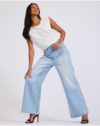 ONE TEASPOON - Love Machines Mid Waist Super Wide Leg Heartless Denim Jeans - Blue