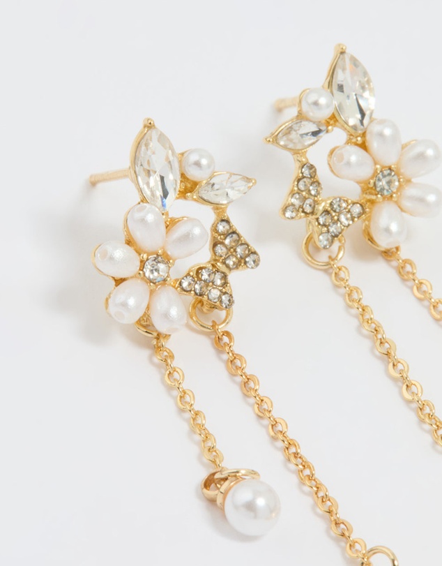 Lovisa - Gold Plated Diamante Pearl Flower Chain Drop Earrings