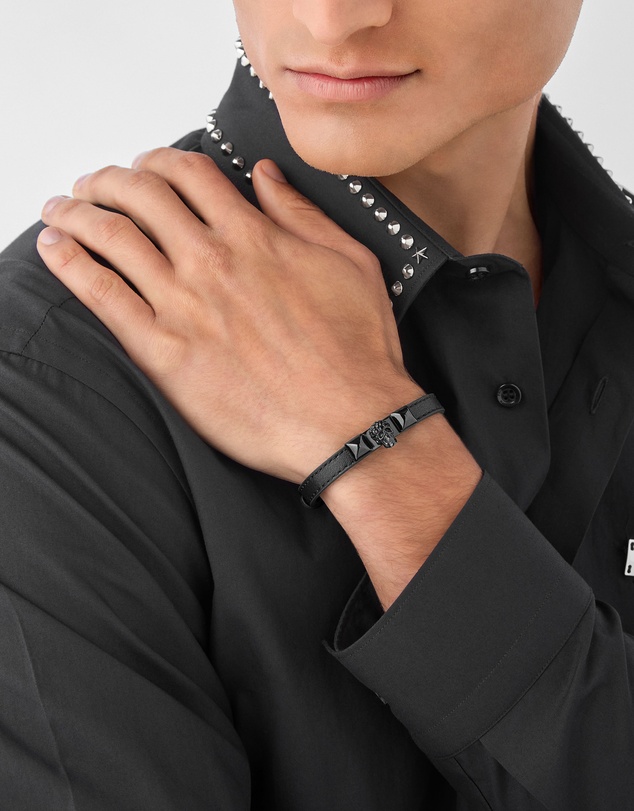 Philipp Plein - PLEIN ENIGMA IP Black Crystal Skull Black Leather Bracelet