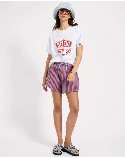 ONE TEASPOON - Terry Towel Drawstring Beach Shorts - Red Blue Striped