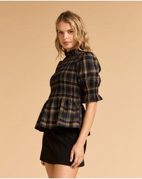 MVN - Plaid Shirring Short Sleeve Top