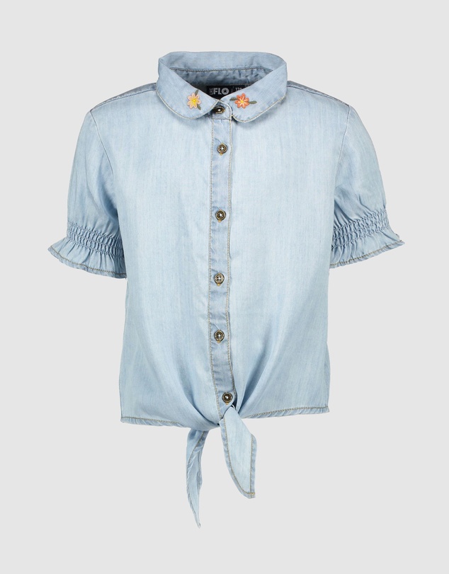 Like FLO - Soft Denim Knotted Blouse - Kids-Teens