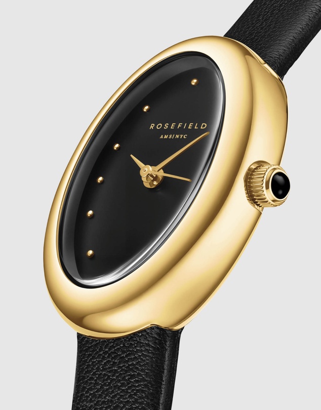 Rosefield - Ovale Black Matte Gold-Tone Black Leather Watch