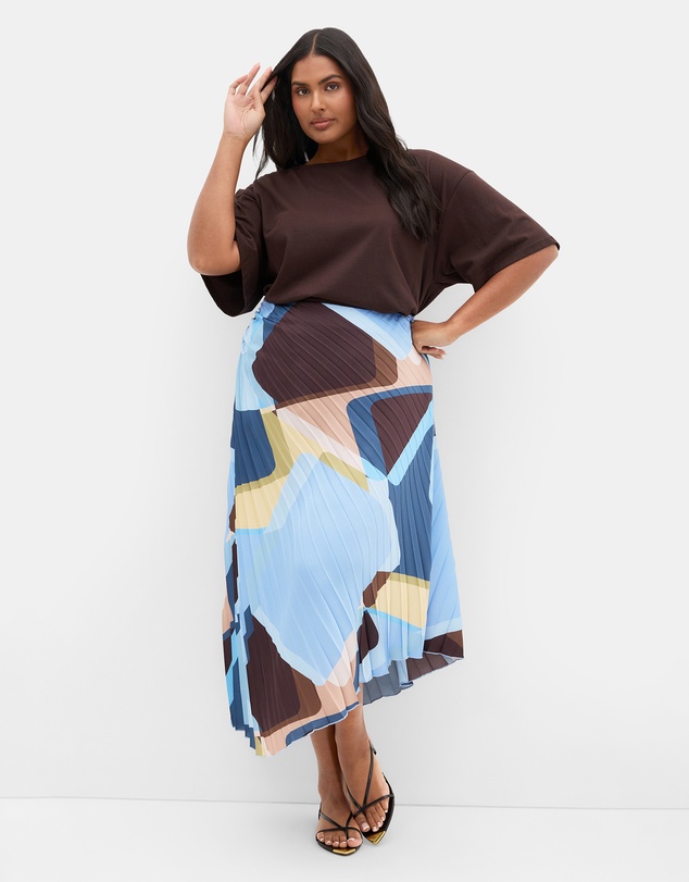 City Chic - Plus size Amaya Abstract Print Pleat Skirt - blue