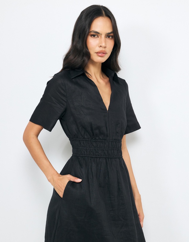 AERE - Ada Shirred Waist Linen Shirt Dress