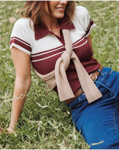 Petal & Pup - Maris Knit Polo Top - Burgundy/Cream Stripe