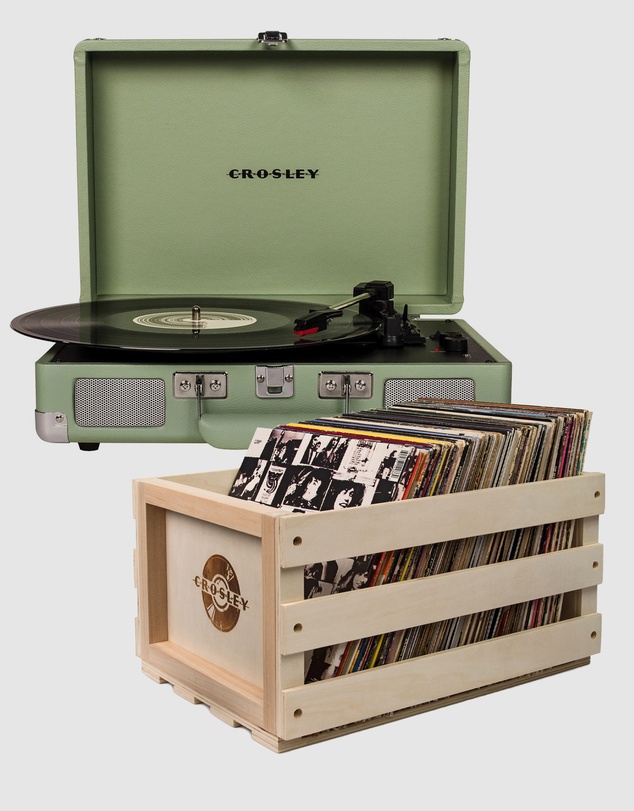 Crosley - Crosley Cruiser Bluetooth Portable Turntable - Mint + Bundled Crosley Record Storage Crate
