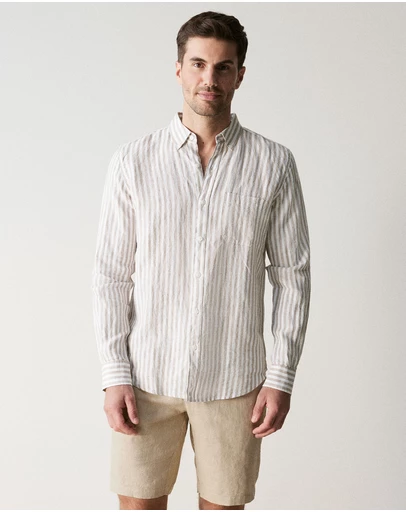 Trenery - Regular Fit Delave Linen Bold Stripe Shirt in Sahara