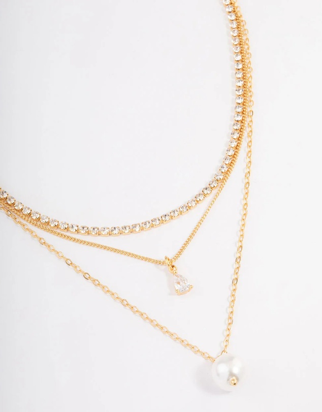 Lovisa - Gold Plated Cup Chain Diamante & Freshwater Pearl Layered Necklace